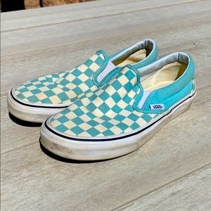 Light blue checkered slip on vans